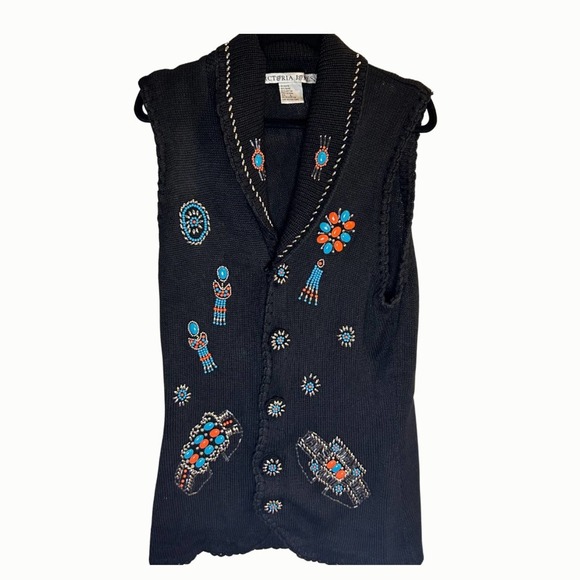 Vintage Victoria Jones Size Large Embellished Vest Silver Orange Southwestern - Picture 1 of 7